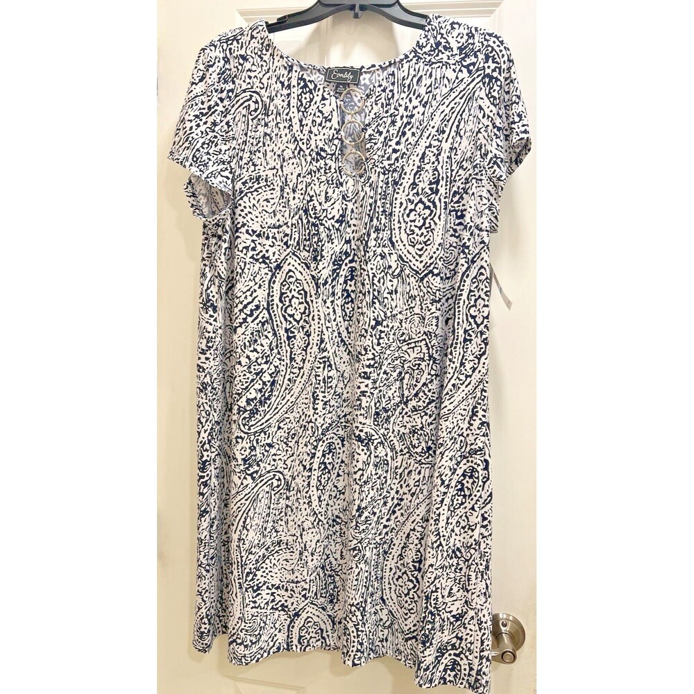 Everlily, Dress, Navy-White, Sz XL, Short Sleeve, Knee Length, V-Neck Hoops.